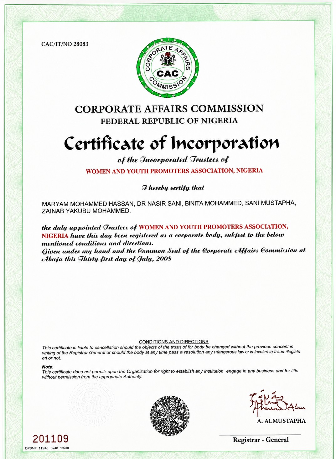 WAYPAN Certificate of Incorporation from the Corporate Affairs Commission