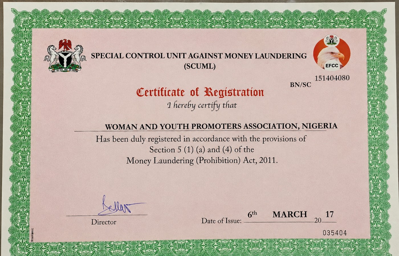 WAYPAN SCUML Certificate of Registration from the EFCC